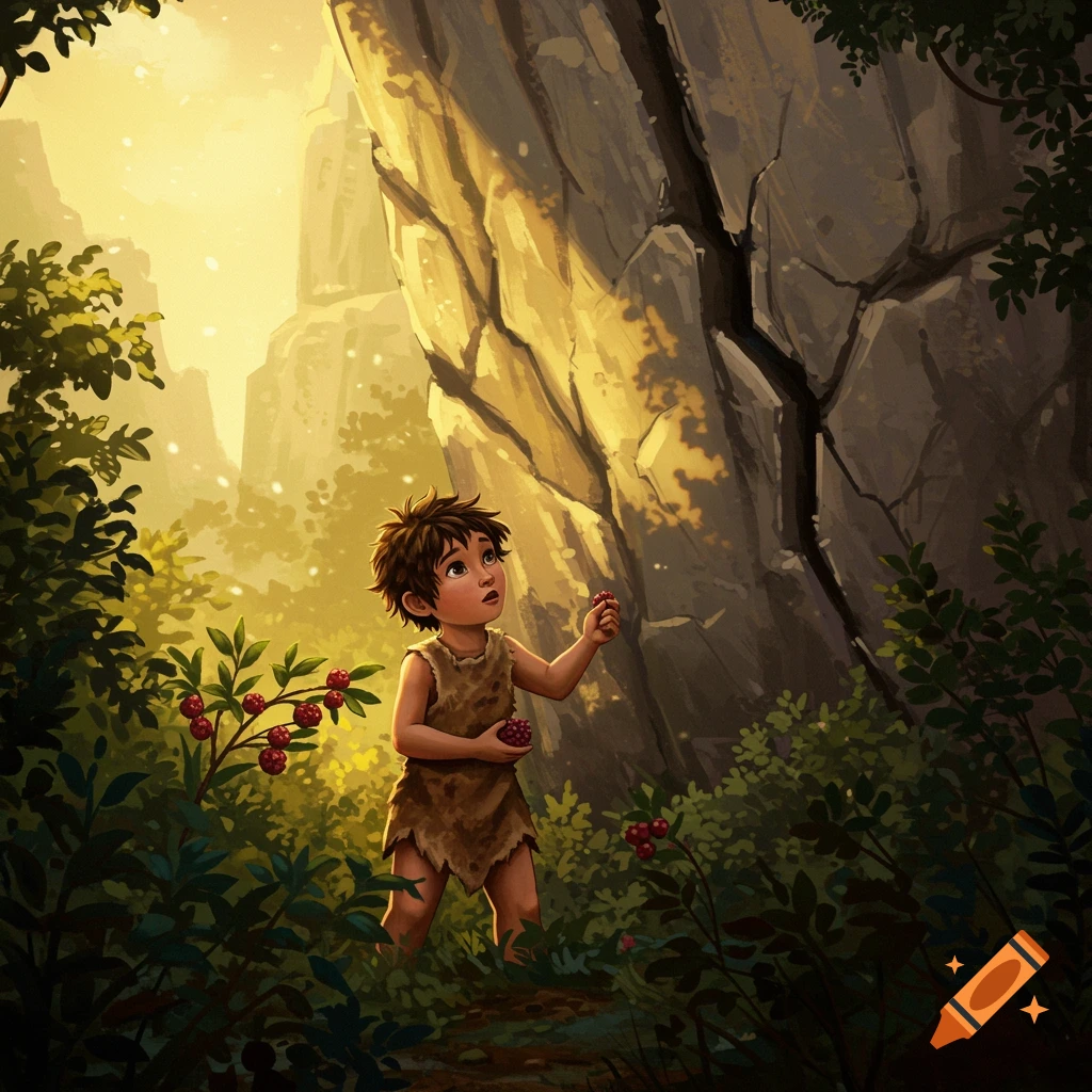 An illustrative image of a young prehistoric boy picking berries in a forest, looking at a towering, sunlit cliff.
