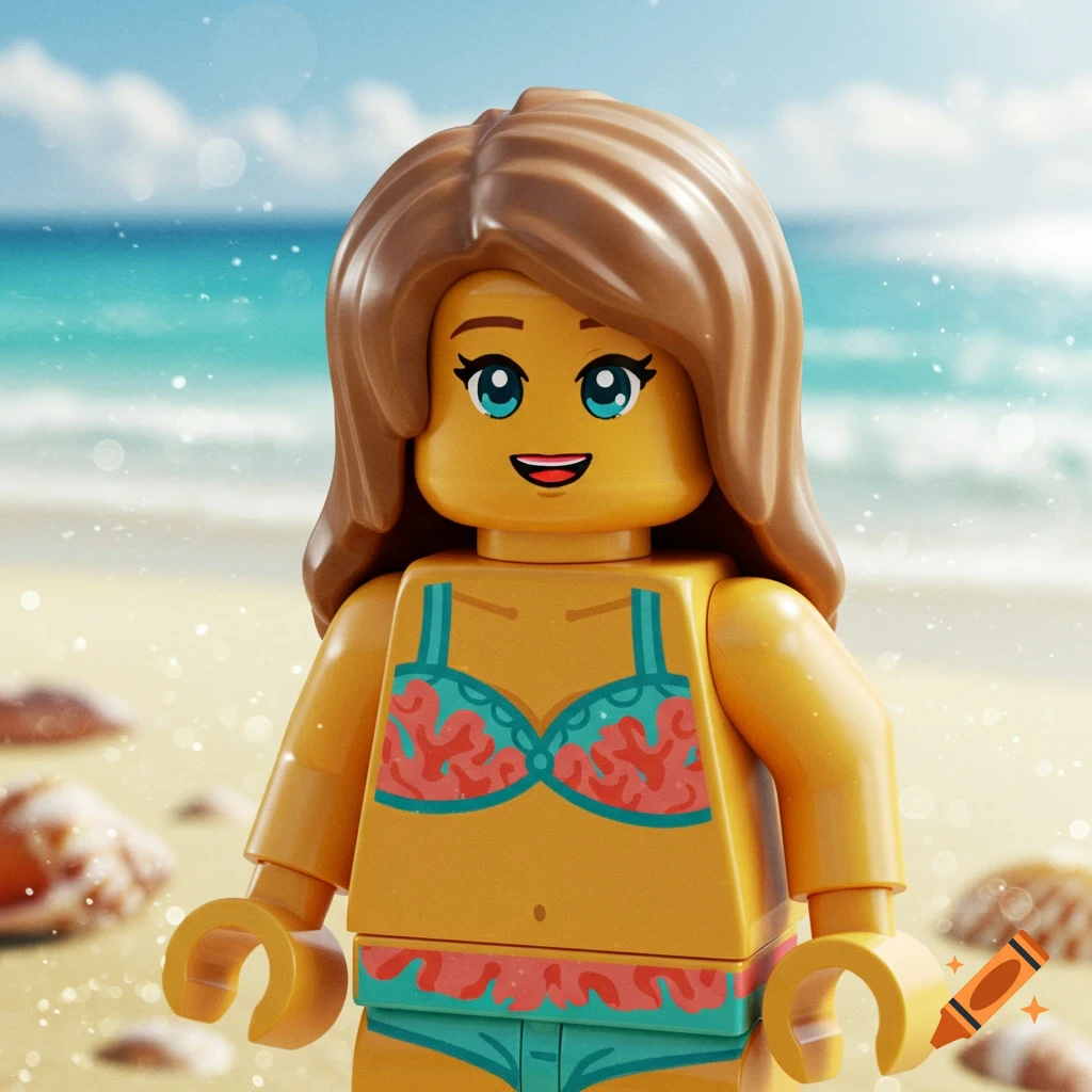 A 3D rendered Lego female figure with light brown hair and blue eyes, wearing a teal and pink bikini, stands on a sunny beach with the ocean in the background.