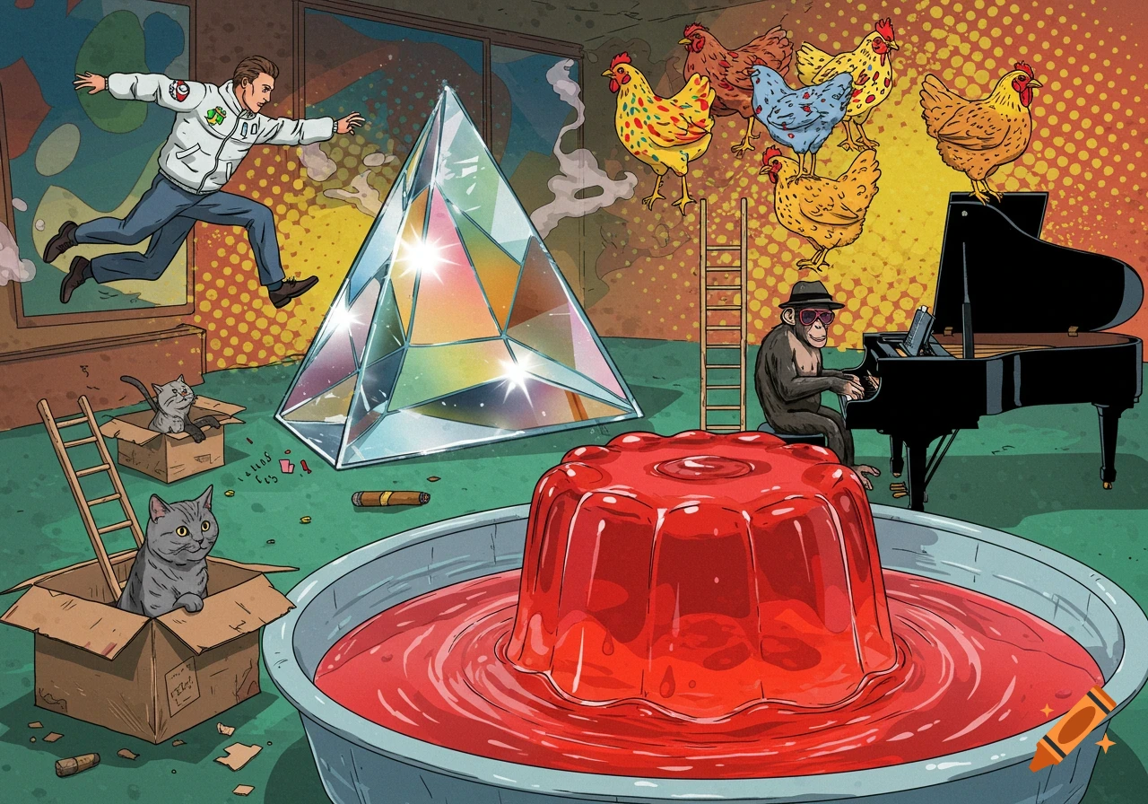 Pop art of a man jumping over a glass pyramid, a monkey playing piano, cats in boxes, chickens, and a giant red jello.