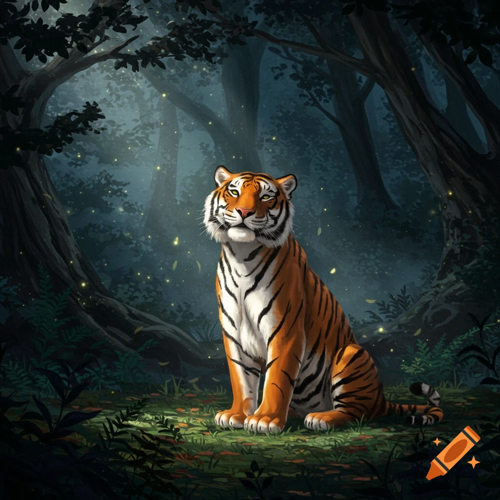 A happy tiger sits in a dark, magical forest with glowing particles.