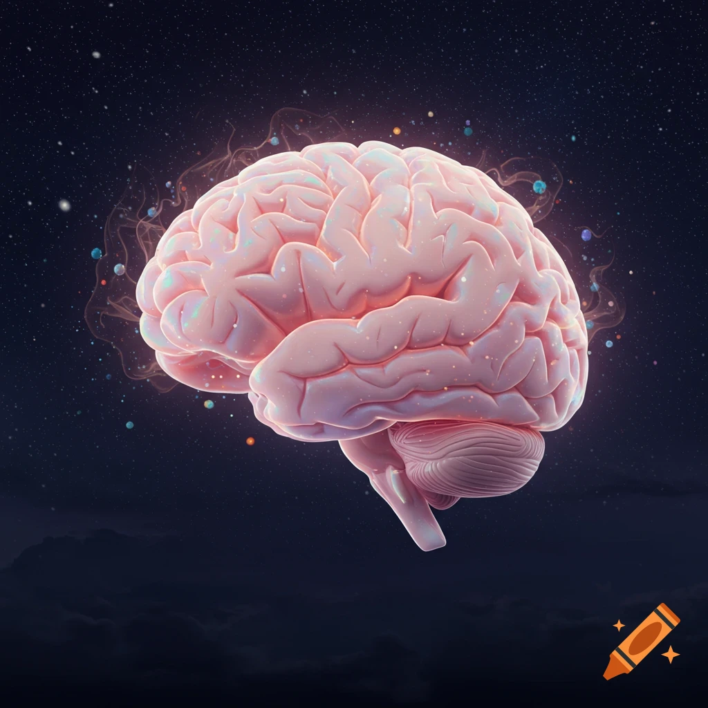 Stylized, glowing pink human brain against a dark, starry background with shimmering particles.