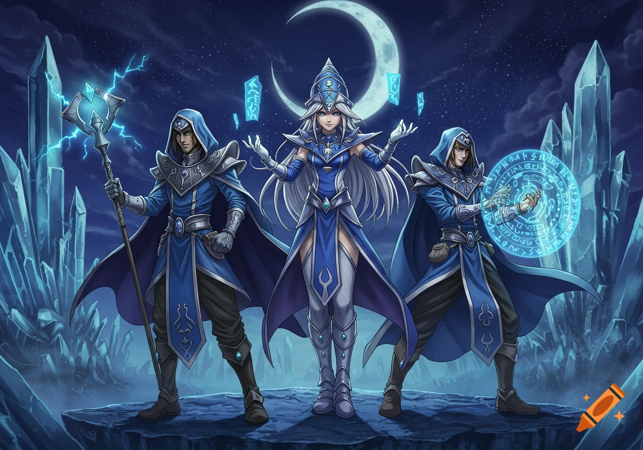 Three anime-style spellcasters in blue robes, illuminated by a crescent moon and surrounded by glowing ice crystals and magical energy.