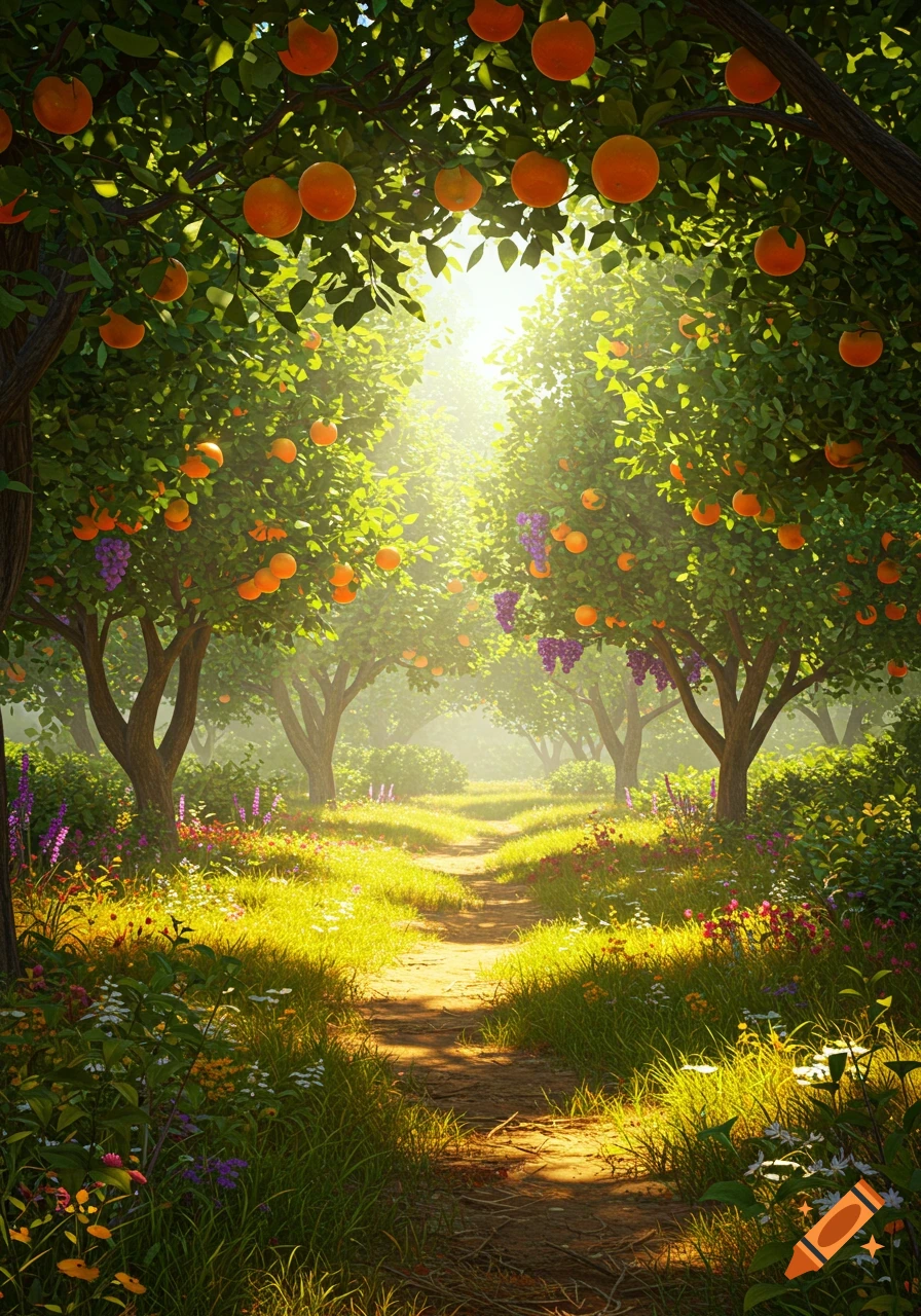 A sunlit path winds through a lush fruit garden with orange and grape trees and colorful flowers.