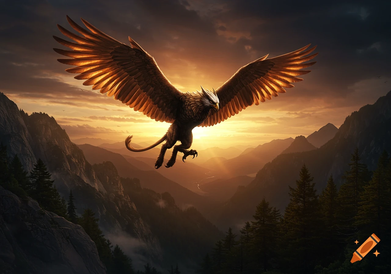 A majestic griffon with outstretched, golden-lit wings flies over a mountain range during a vibrant sunset.