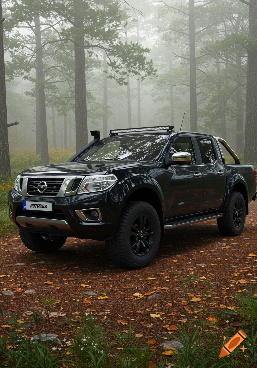 A black Nissan Navara pickup truck with a snorkel and roof light bar is parked on a dirt path covered with fallen leaves in a misty forest. Photorealistic.