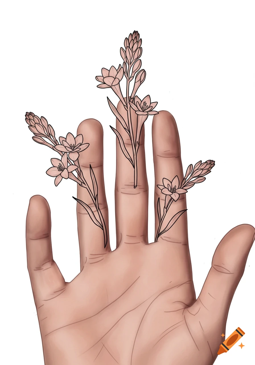 An illustrated hand with minimal pink flowers growing from between the fingers on a white background, resembling a tattoo.