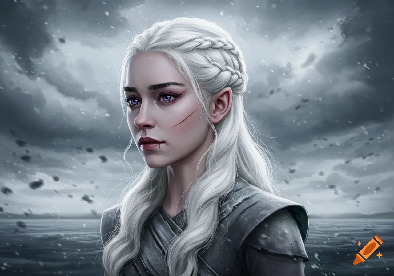 A fantasy portrait of a white-haired woman with purple eyes and a facial scar, dressed in armor against a snowy, overcast sky.