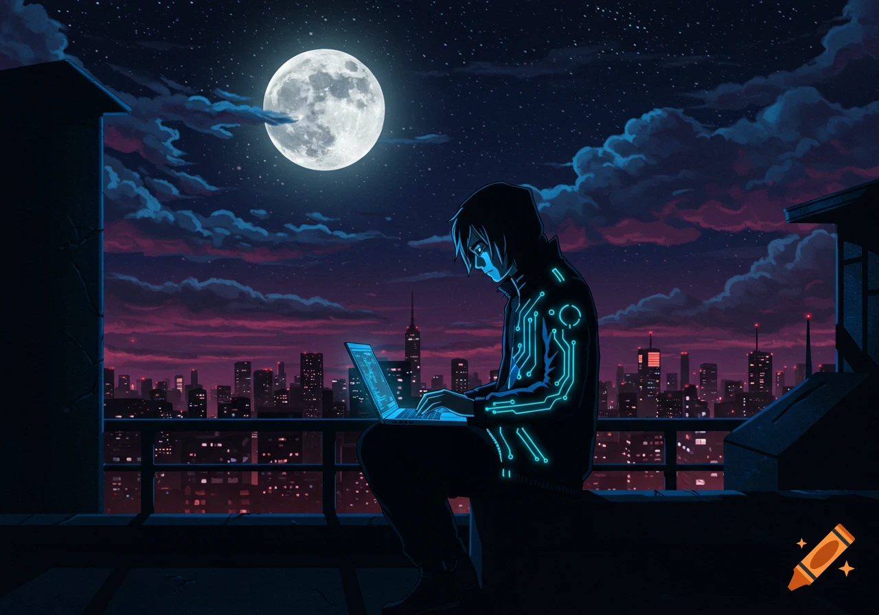 An anime-style hacker works on a glowing laptop on a moonlit rooftop, overlooking a cyberpunk city at night.