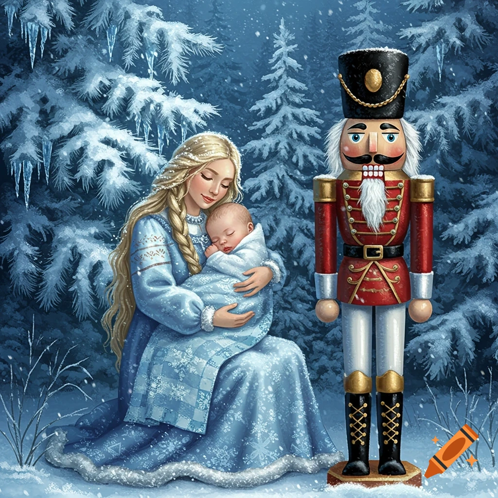 Illustrated scene of a blonde woman cradling a baby next to a nutcracker in a snowy forest.