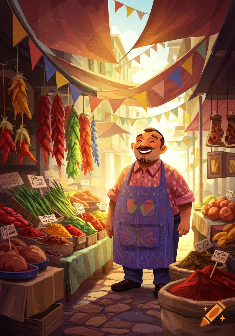 A smiling vendor in a blue apron stands proudly at a vibrant open-air market stall filled with fresh produce and spices, under colorful awnings.