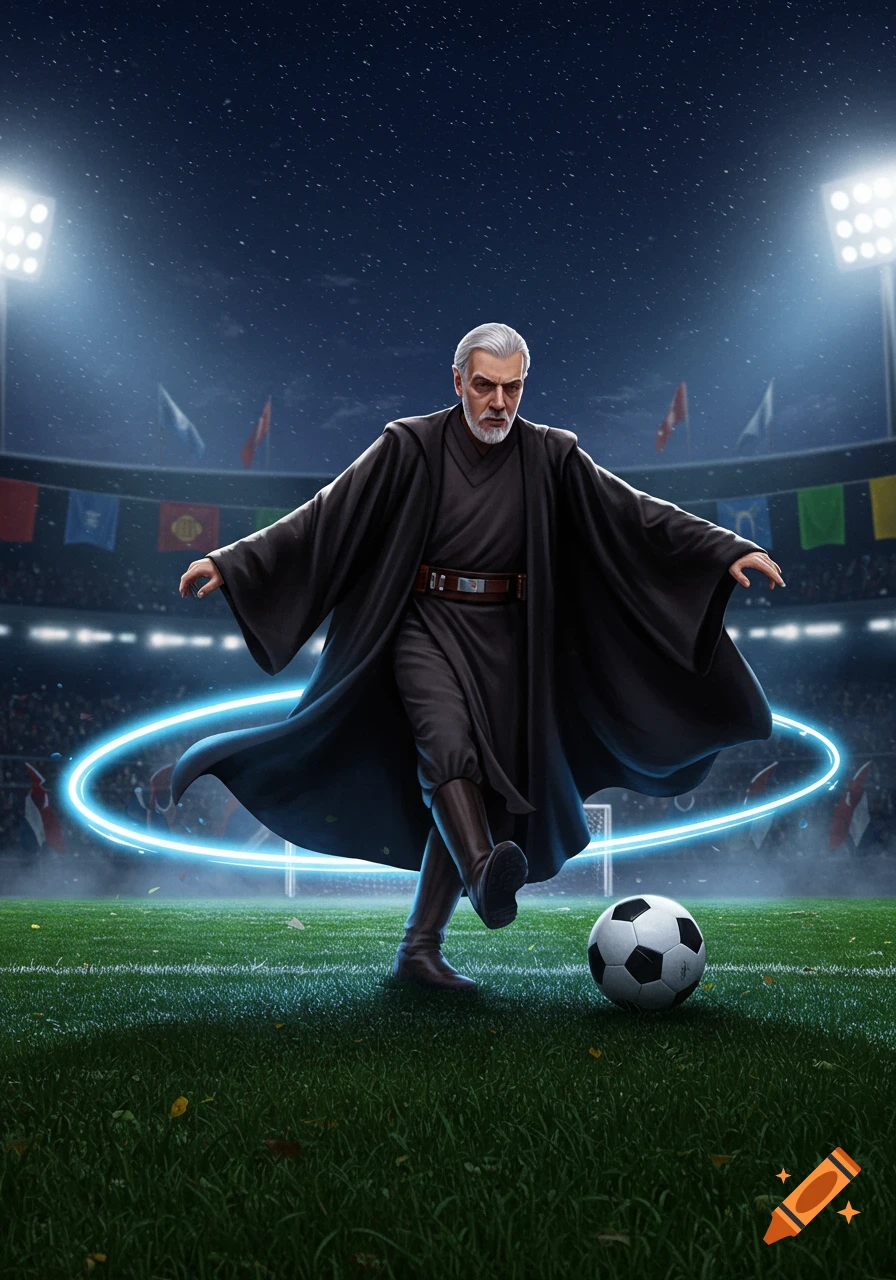 Count Dooku playing soccer in a nighttime stadium with a glowing blue ring.