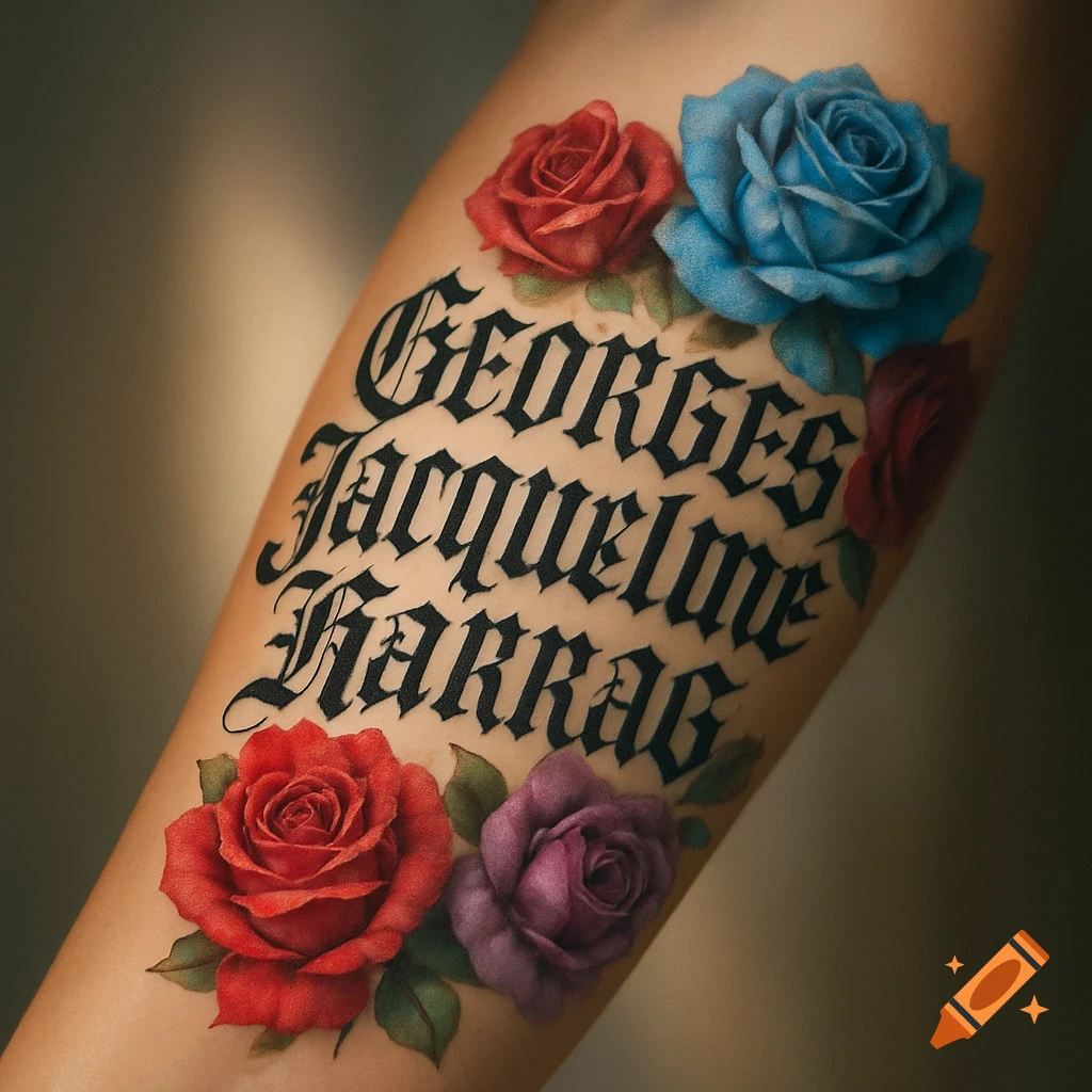Photorealistic tattoo on an arm featuring names "GEORGES JACQUELINE HARRAG" in black gothic script, adorned with colorful roses.