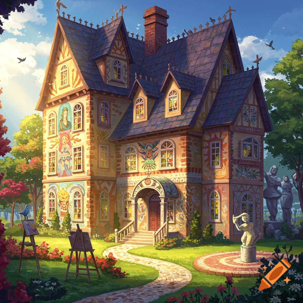 A vibrant, whimsically illustrated house adorned with colorful murals and stained glass, set in a sunny garden with art easels.