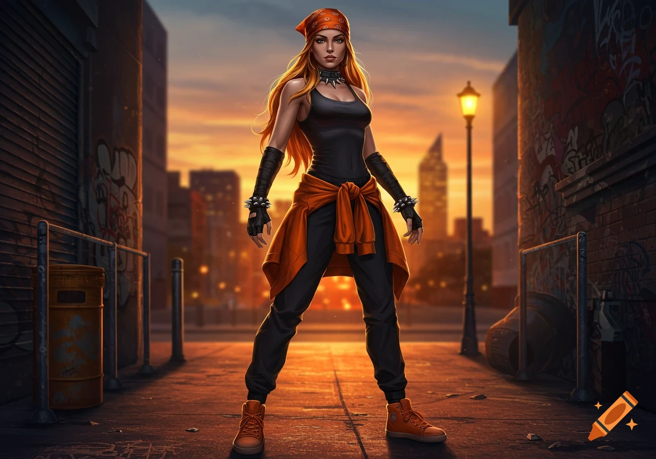 A woman with long orange hair and a bandana, wearing a black tank top, pants, and an orange hoodie tied around her waist, stands in a stylized urban alley at sunset.