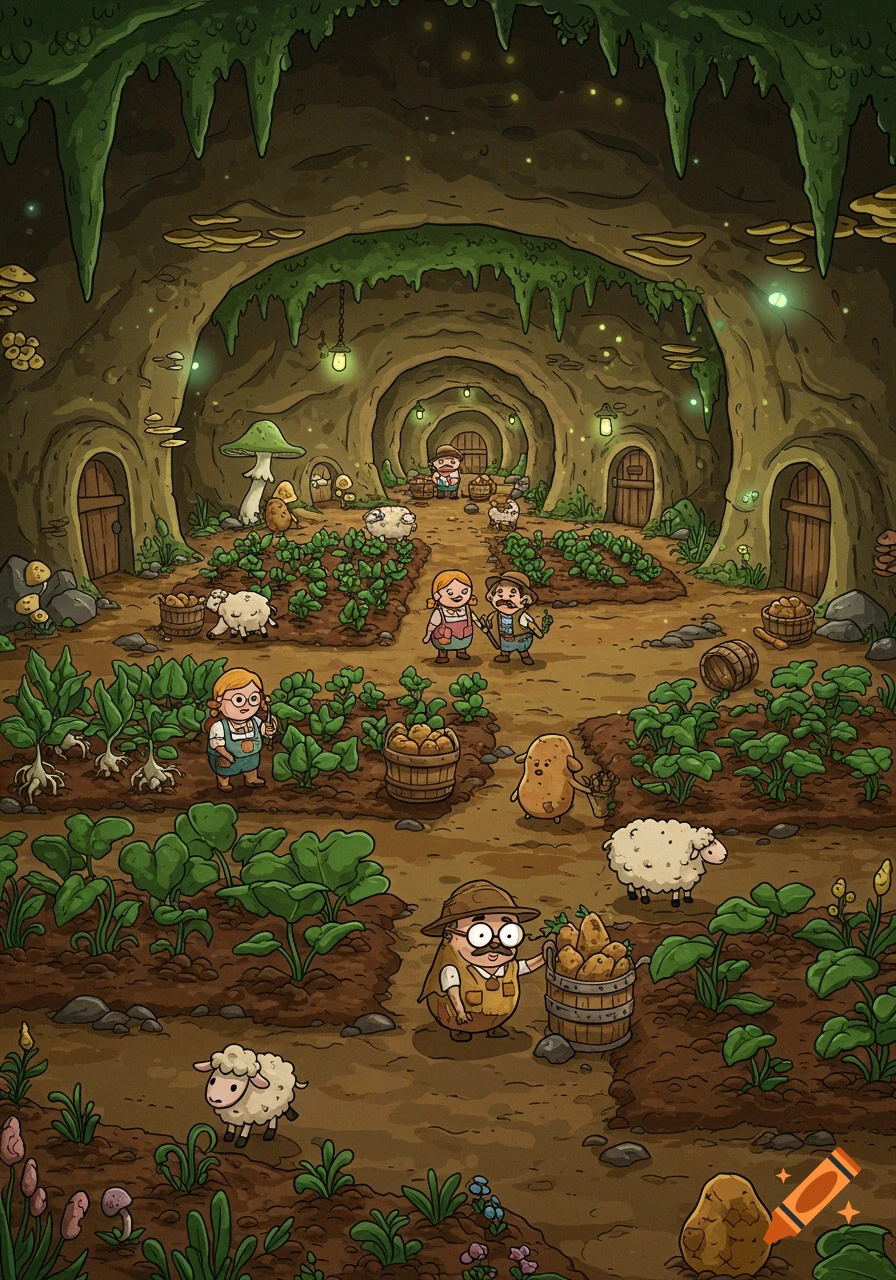 Cartoon of an underground cave farm with farmers, sheep, and potato people tending crops like potatoes and mushrooms.