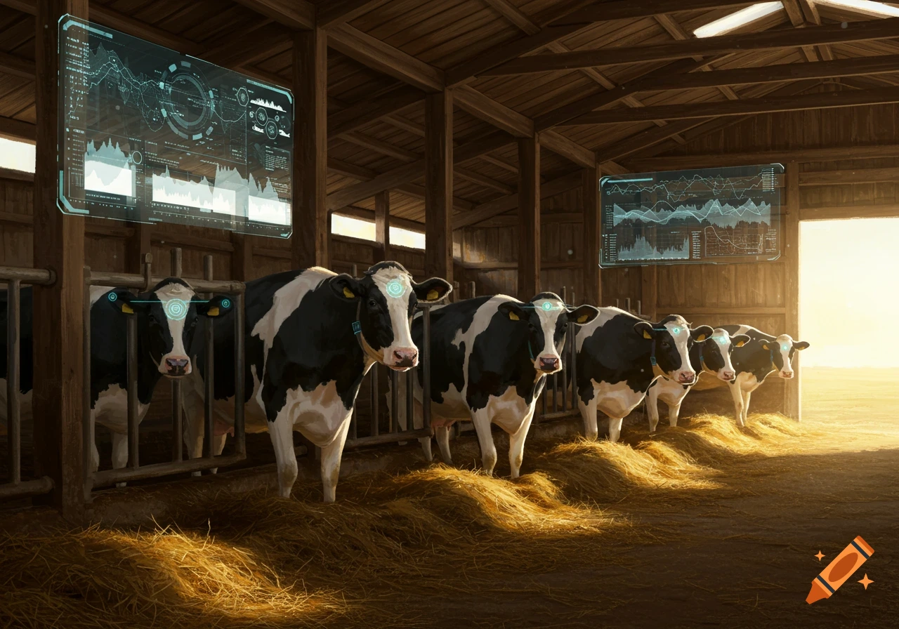 Black and white cows in a sunlit wooden barn with hay, monitored by holographic AI data screens.