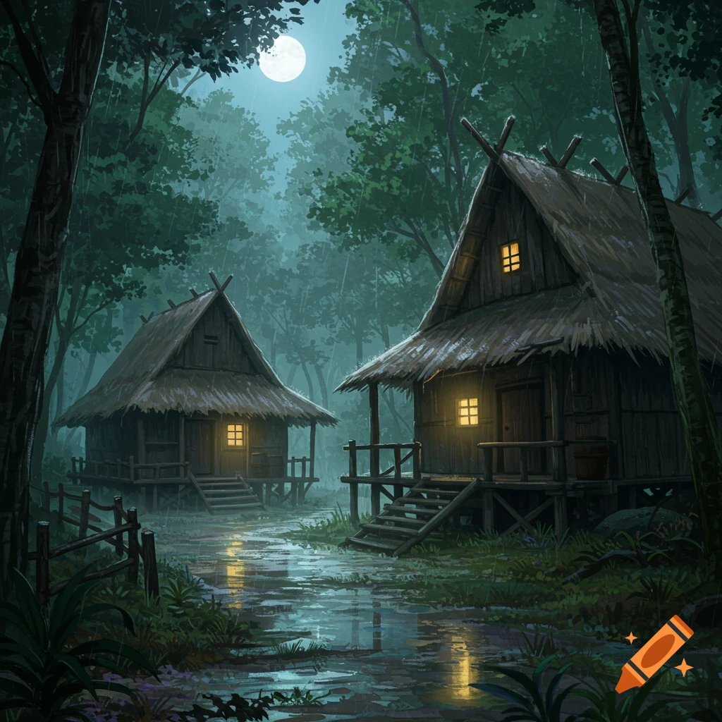 Digital painting of two small huts with glowing windows in a dense forest on a rainy, moonlit night, with reflections on the wet ground.
