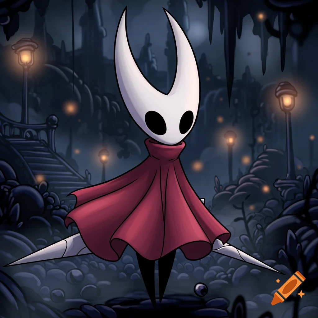 A stylized character, Hornet from Hollow Knight, with a white mask-like face and black oval eyes, wearing a red cloak, stands in a dark, atmospheric underground cavern with glowing lanterns.
