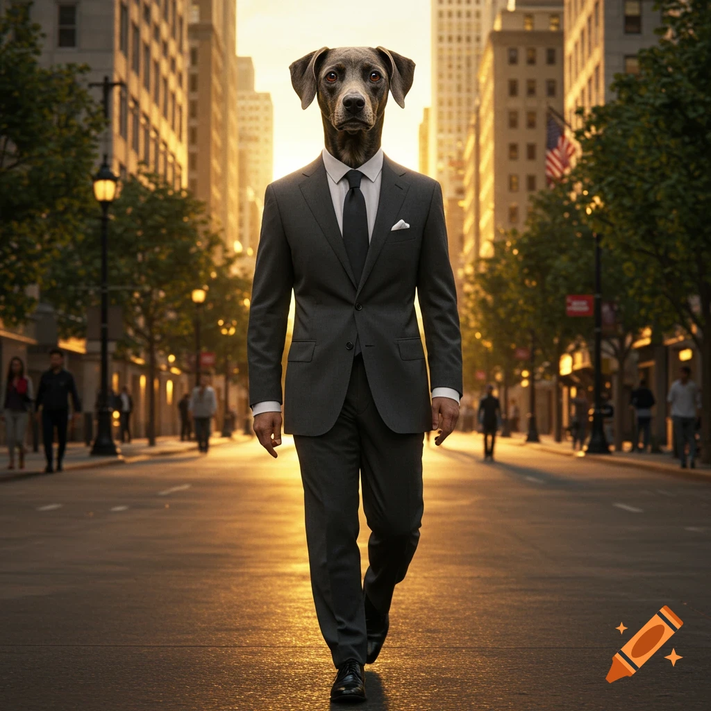 A photorealistic image of a dog's head on a man in a gray suit walking down a city street bathed in golden sunlight.
