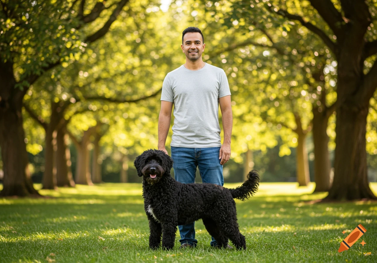 A man stands with his black curly-haired dog in a sunny park with green grass and trees.