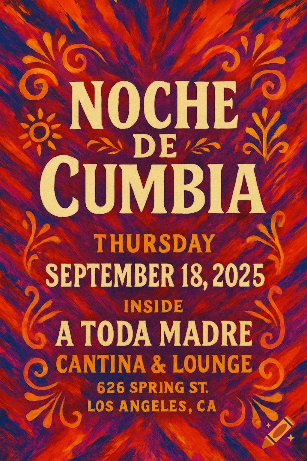 A vibrant, textured event flyer for 'Noche De Cumbia' on Thursday, September 18, 2025, at A Toda Madre Cantina & Lounge, Los Angeles.