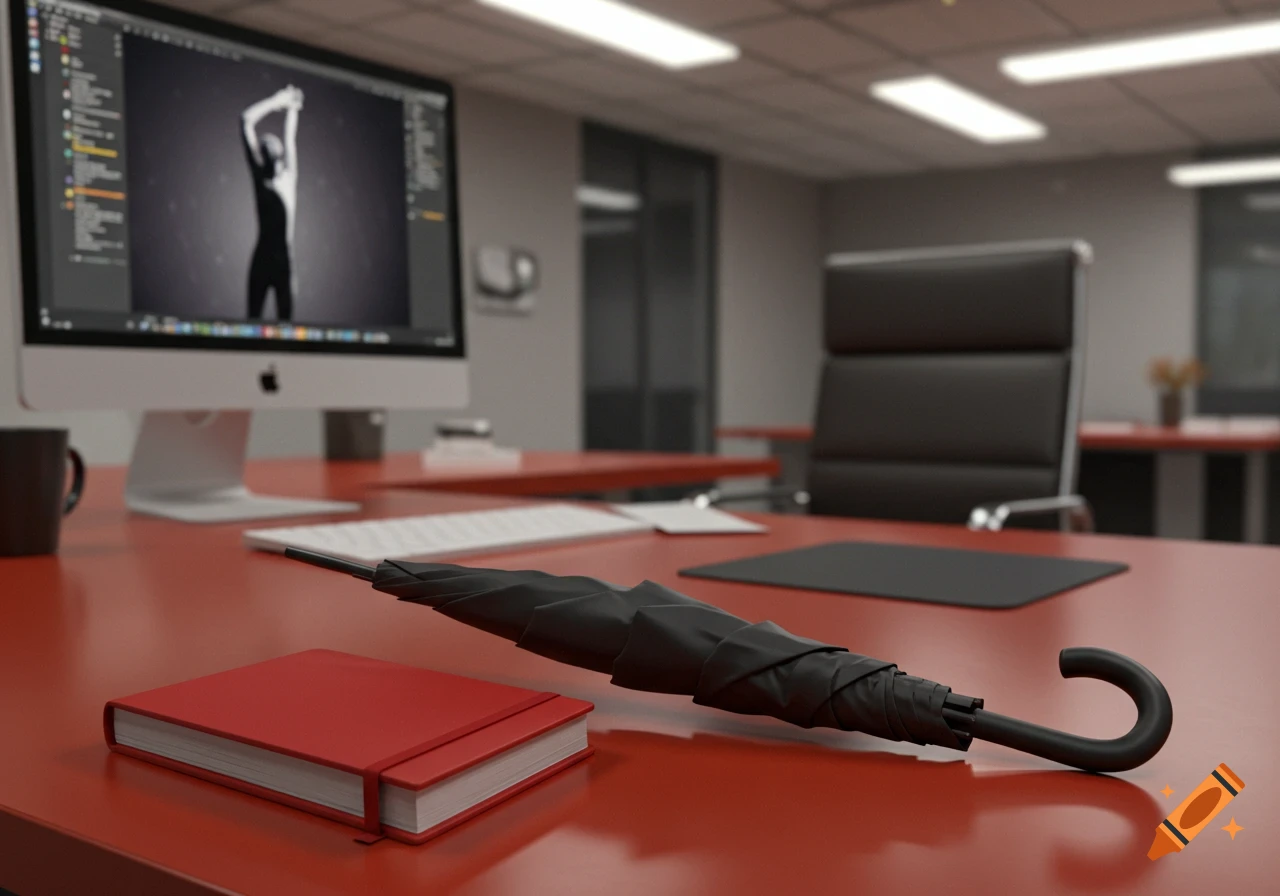 A red office desk with a red notebook, a black umbrella, and an Apple iMac displaying a silhouette of a person stretching.