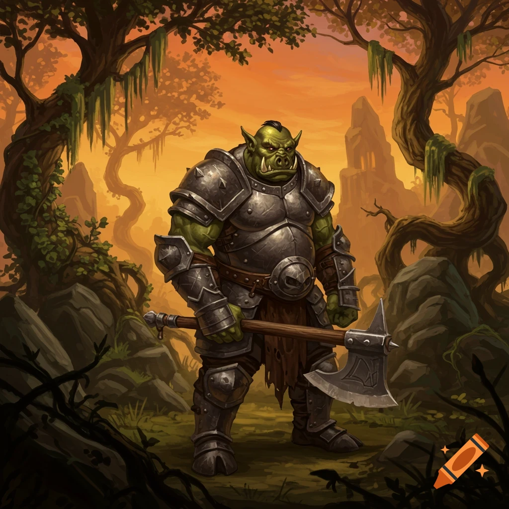 A muscular, green-skinned orc in spiked plate armor holds a large axe in a mossy, gnarled forest at sunset.