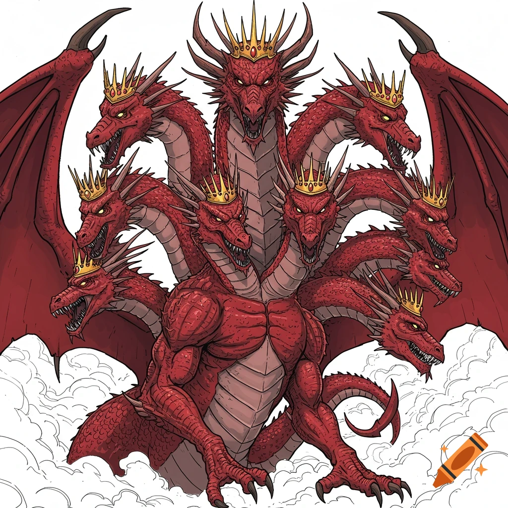 A stylized red dragon with seven heads, each wearing a golden crown, emerges from a cloud of smoke. The creature has large wings and a muscular body.