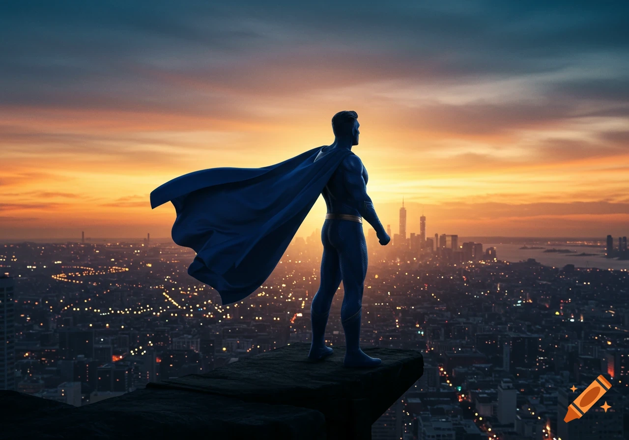 A superhero in a blue suit and cape stands on a cliff overlooking a city skyline at sunset.