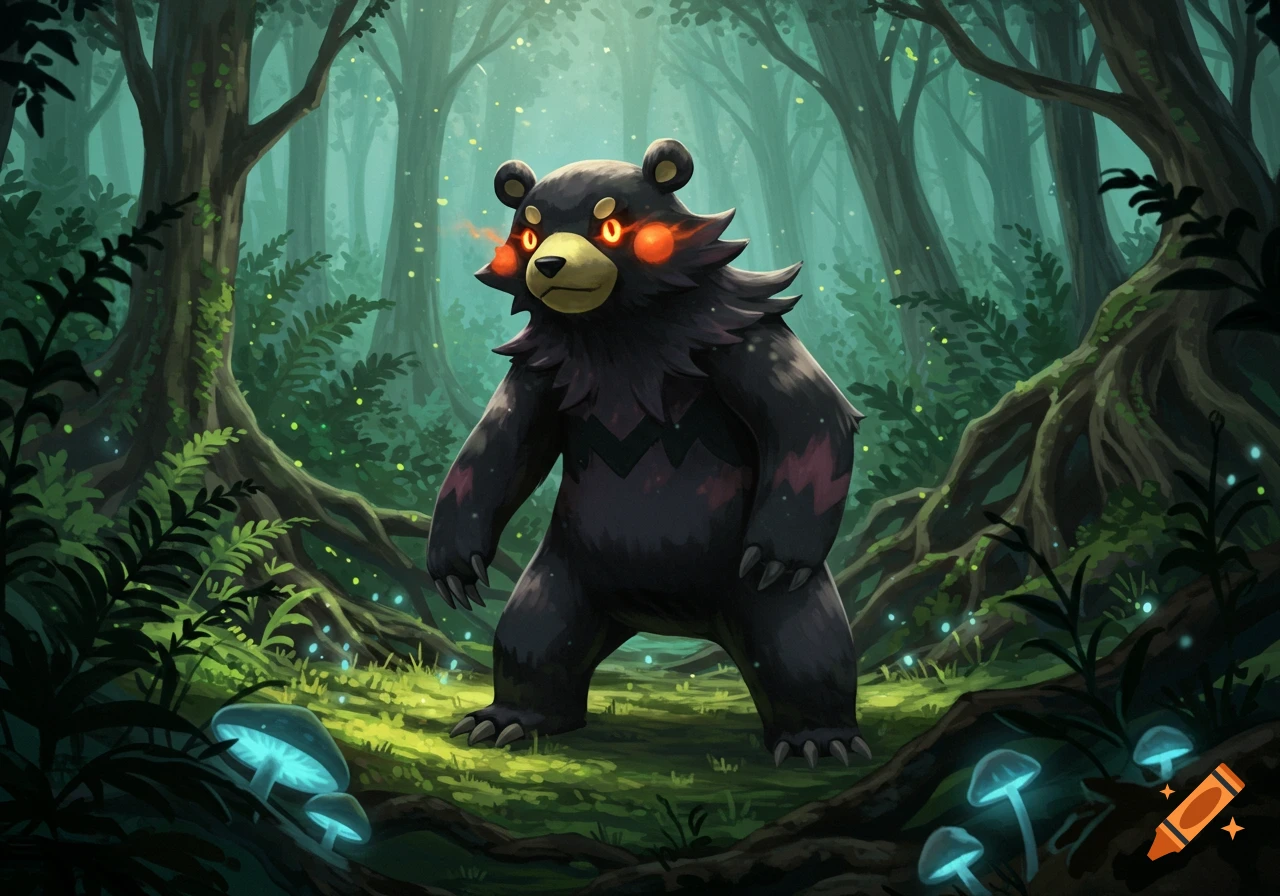 A dark, bear-like creature with glowing red eyes and orange cheeks stands in a magical forest with glowing blue mushrooms.