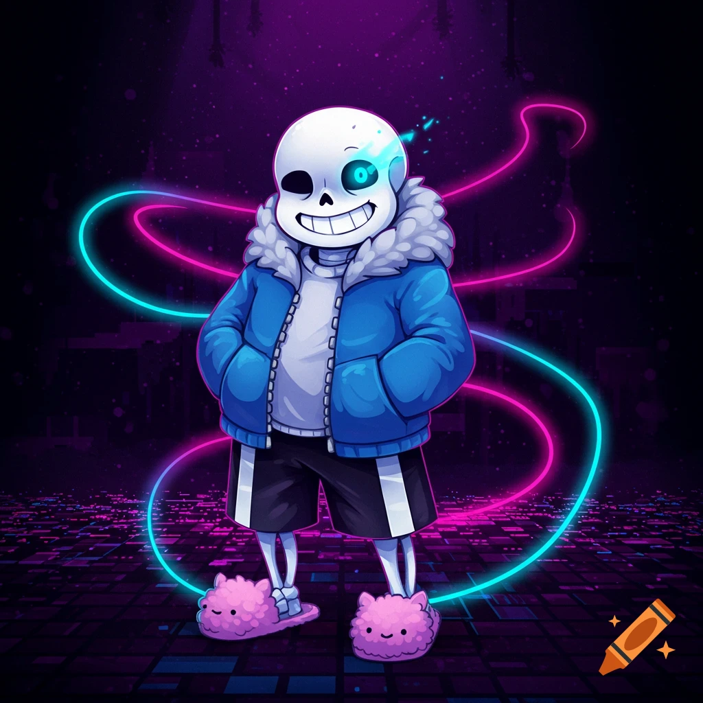Sans from Undertale, a smiling skeleton, wears a blue jacket and pink fuzzy slippers, standing against a dark background with pink and blue neon lights.