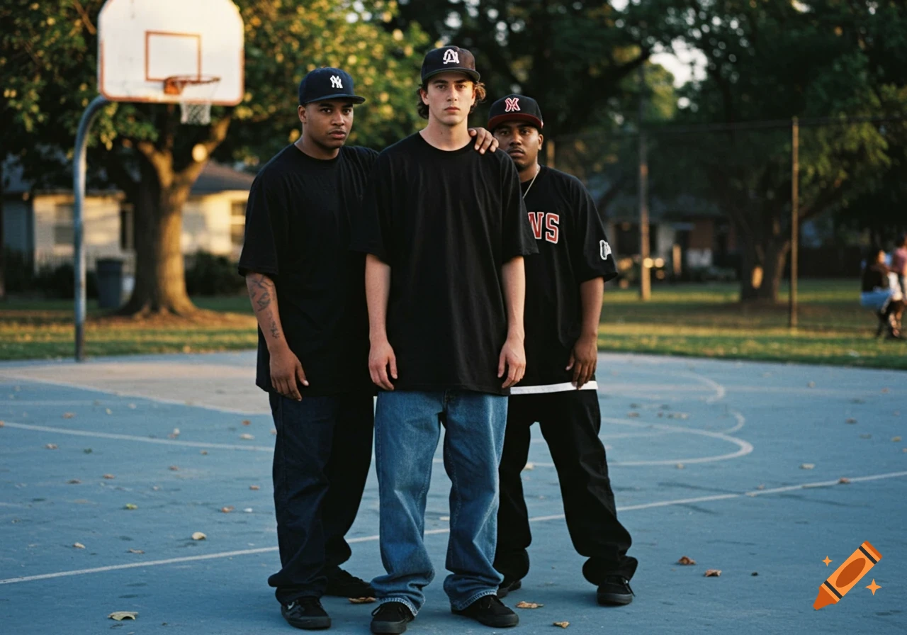 Three young men in 90s streetwear standing on a worn basketball court. The middle man wears a black tee and blue jeans.