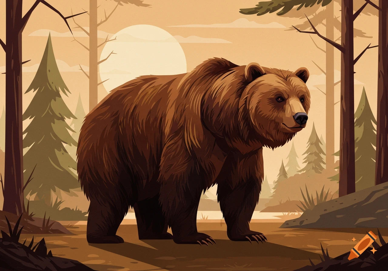 Brown bear in a forest with trees and a setting sun, vector art style.
