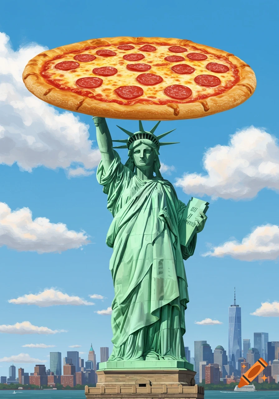 Illustrative rendering of the Statue of Liberty holding a giant pepperoni pizza high above her head against a blue sky with the New York City skyline in the background.