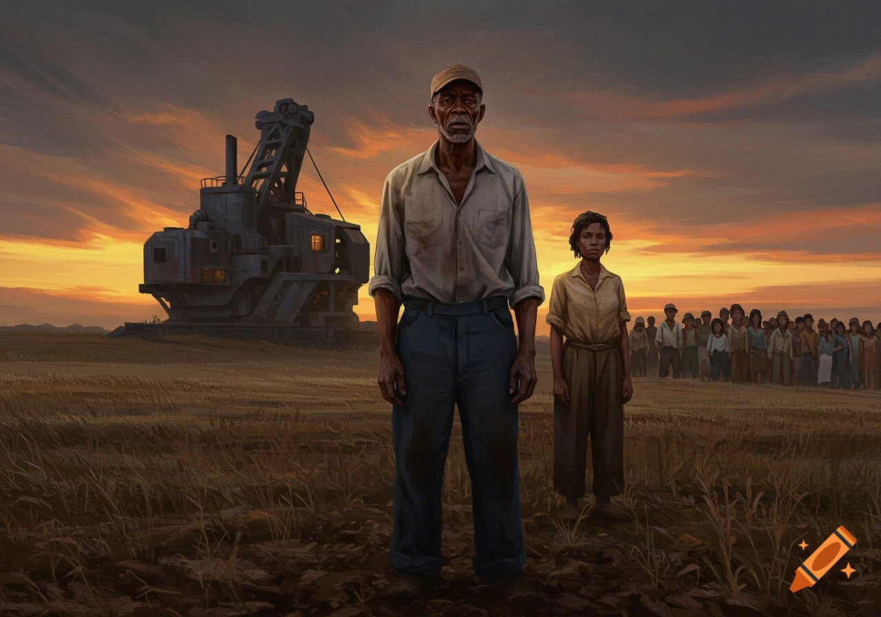 Digital painting: an older Black man and younger Black woman stand in a field at sunset, a large machine and crowd behind.