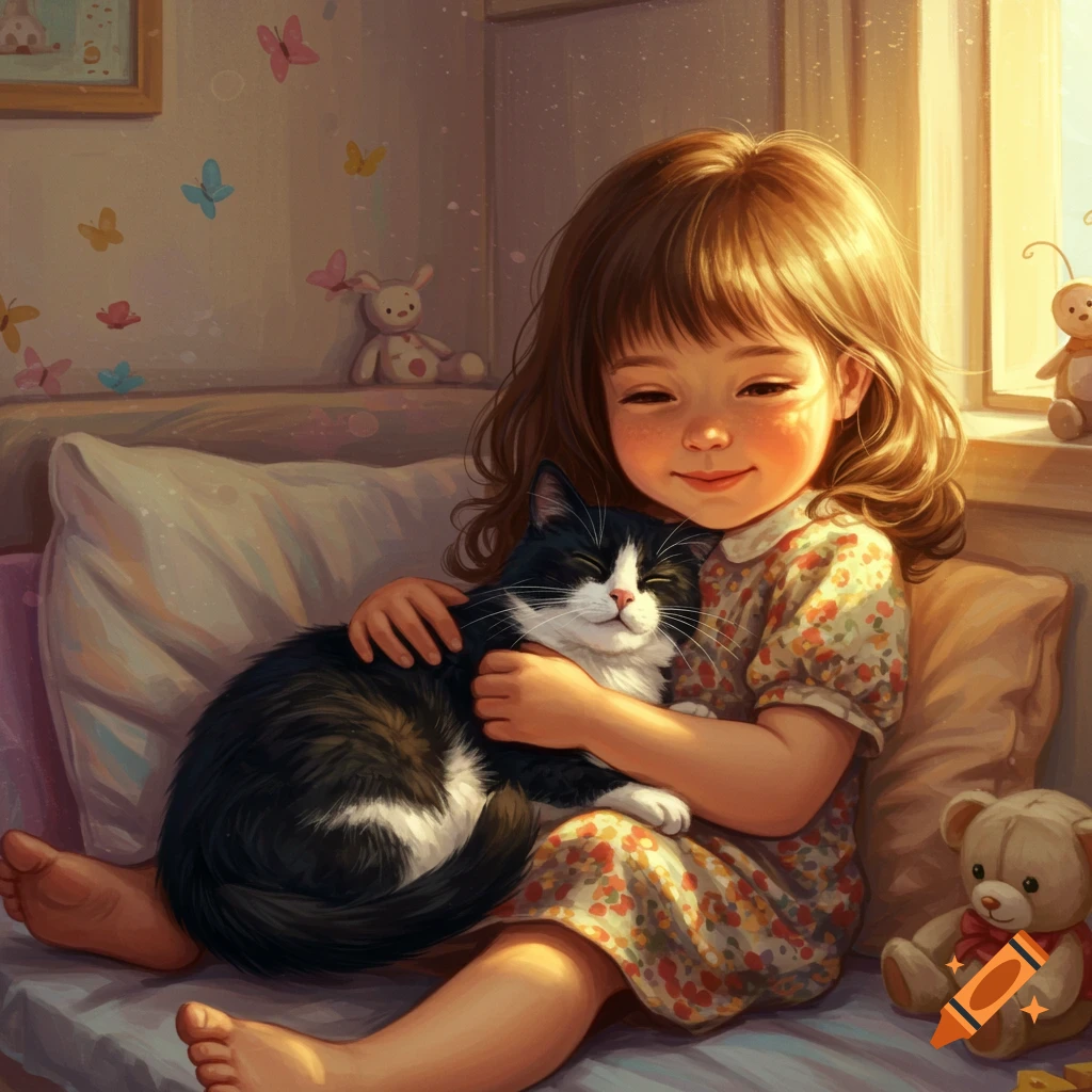 A smiling little girl with brown hair hugs a black and white tuxedo cat, bathed in warm sunlight in a sweet digital illustration.