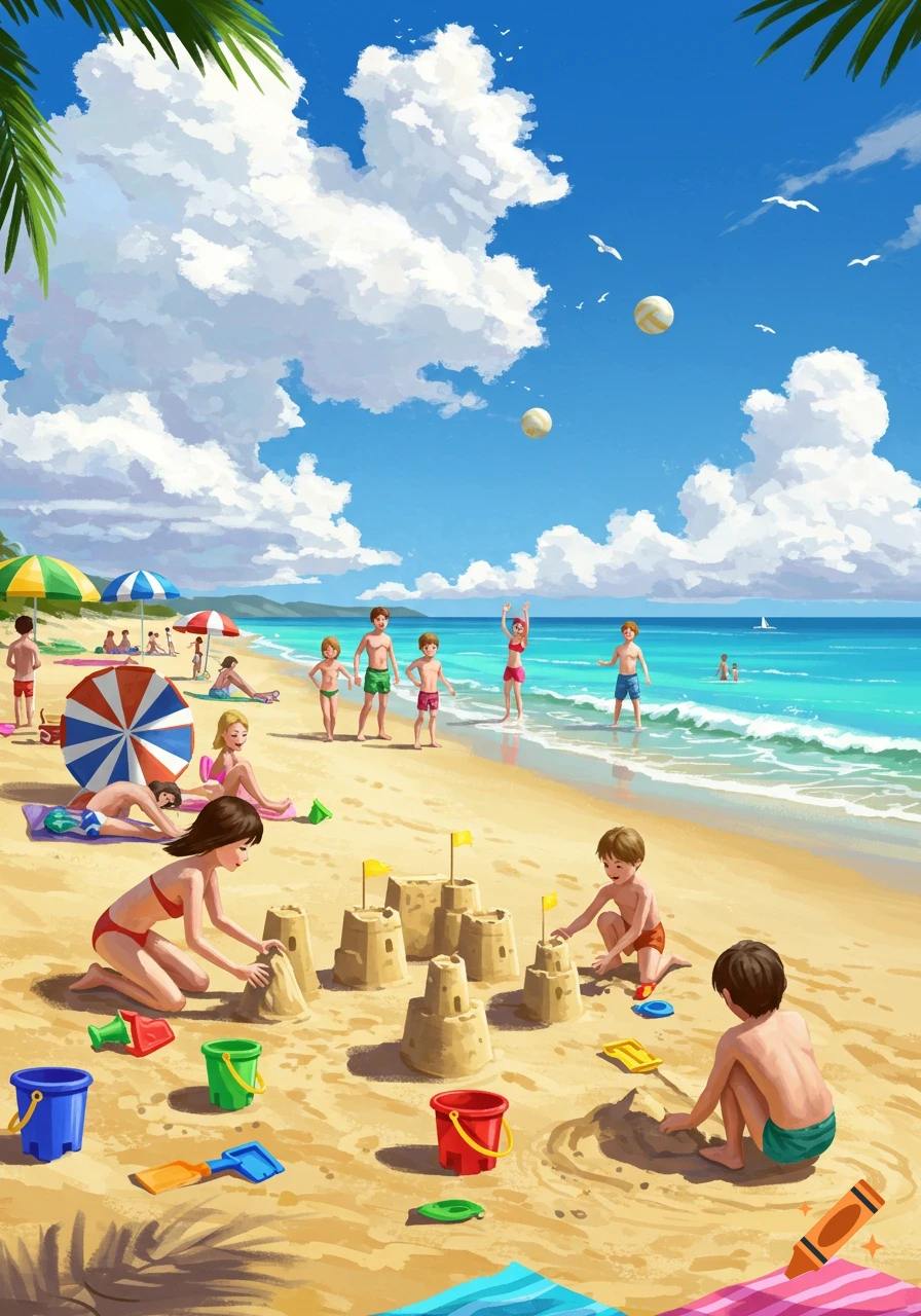 Illustrative scene of a sunny beach with children building sandcastles and playing by the turquoise ocean, adults relaxing.
