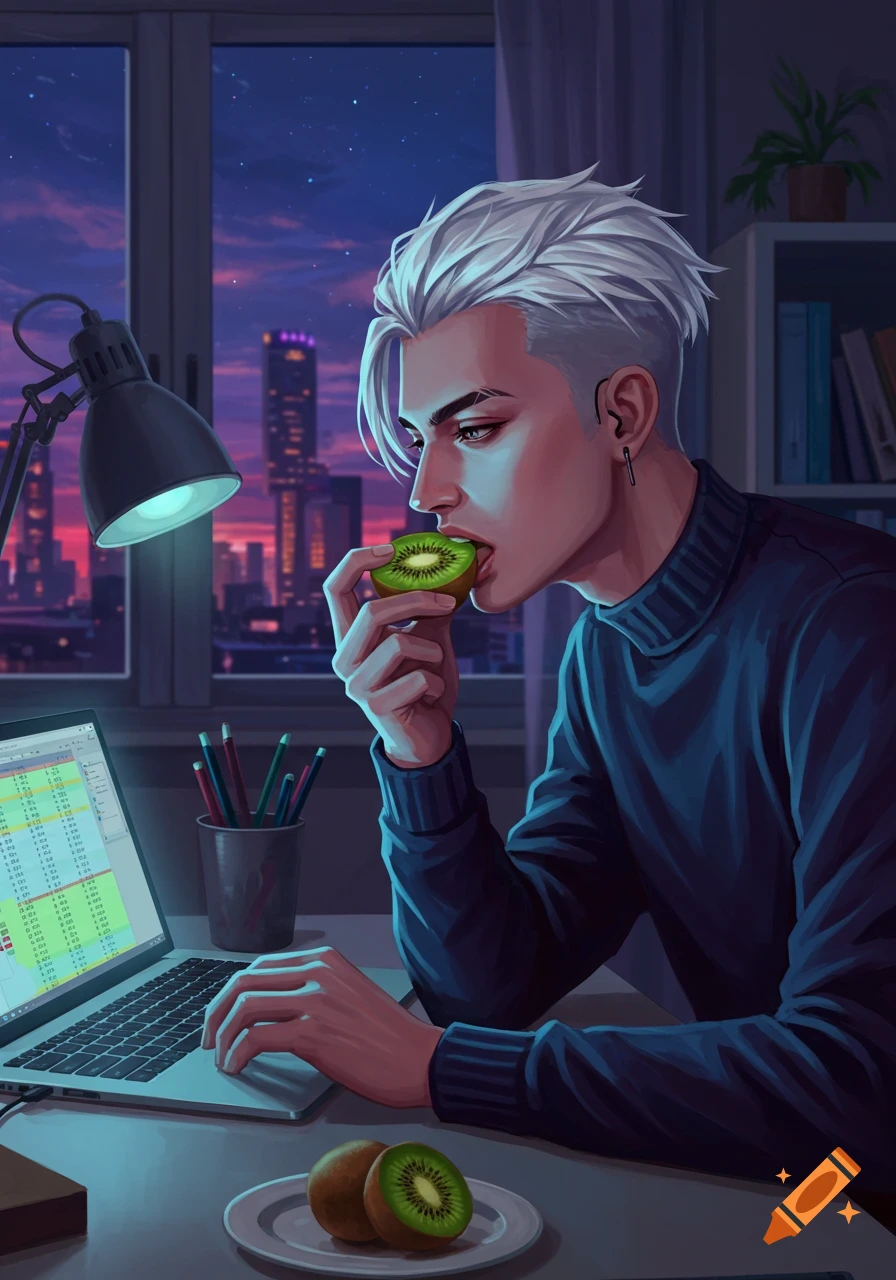 Digital art of a white-haired man eating a kiwi while working on a laptop at a desk with a city night view.