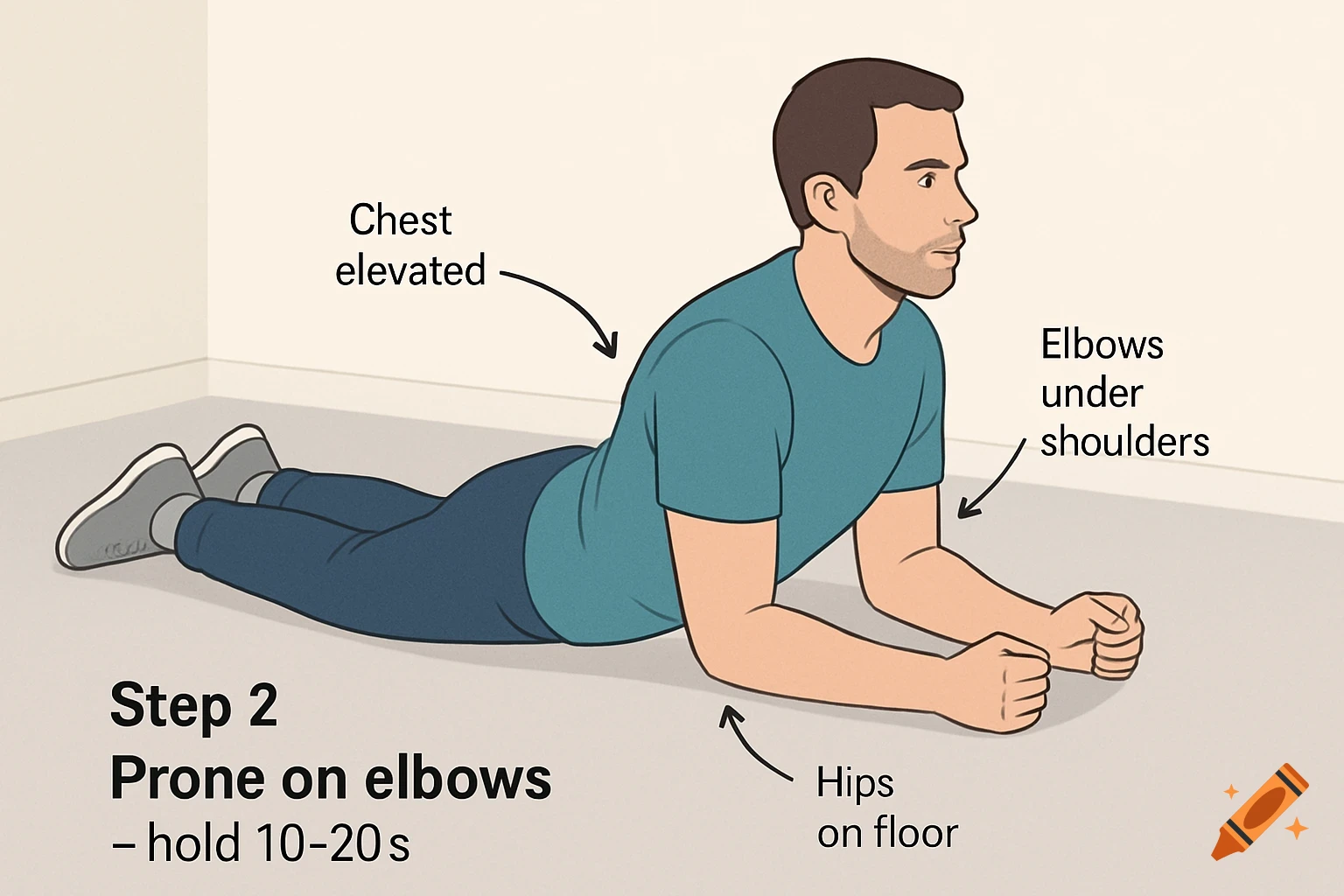 Flat color medical illustration of a man doing a 'prone on elbows' exercise with instructional labels.