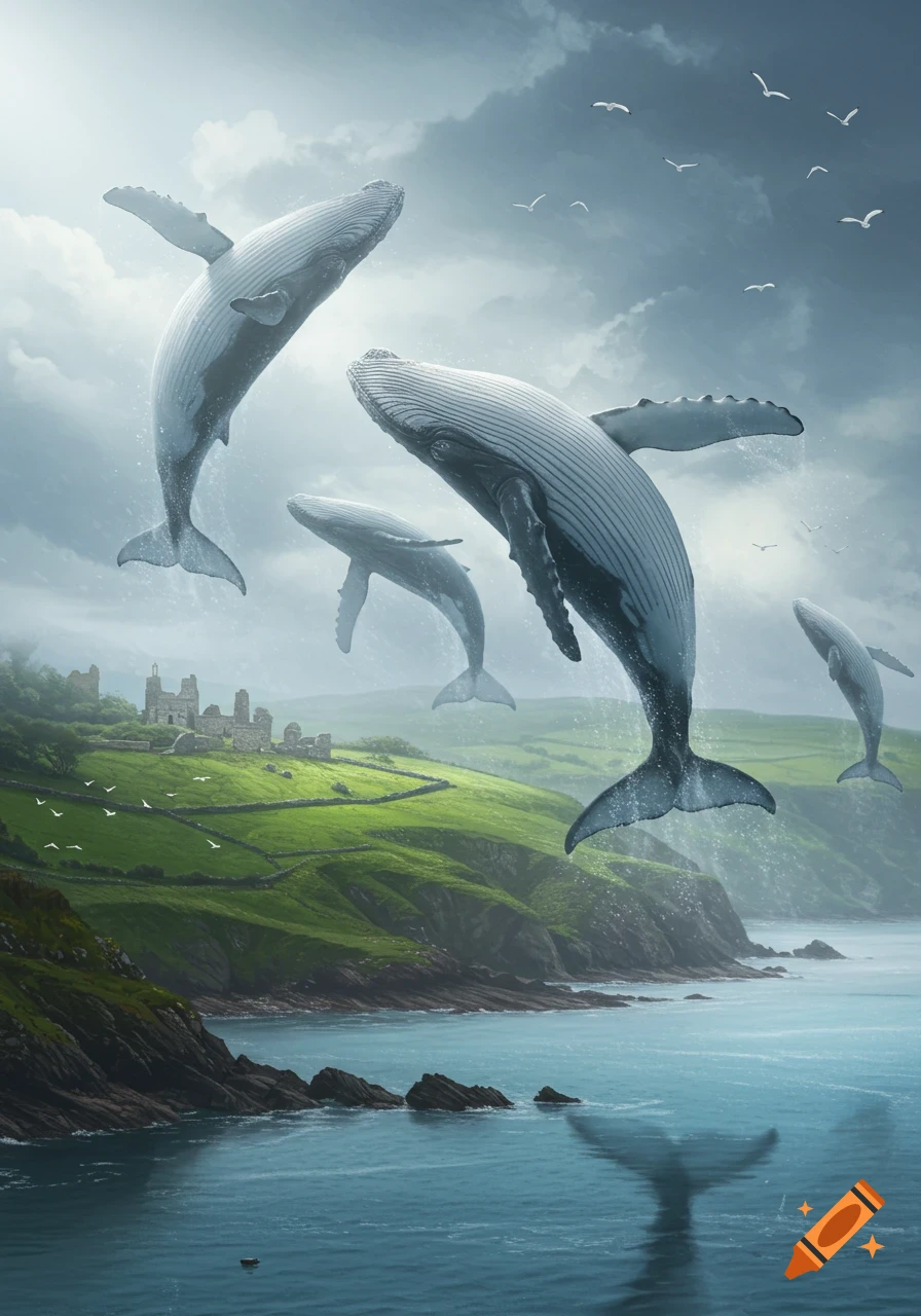 Photorealistic image of multiple humpback whales flying over a green, hilly coastline with castle ruins, reflected in the calm ocean below.