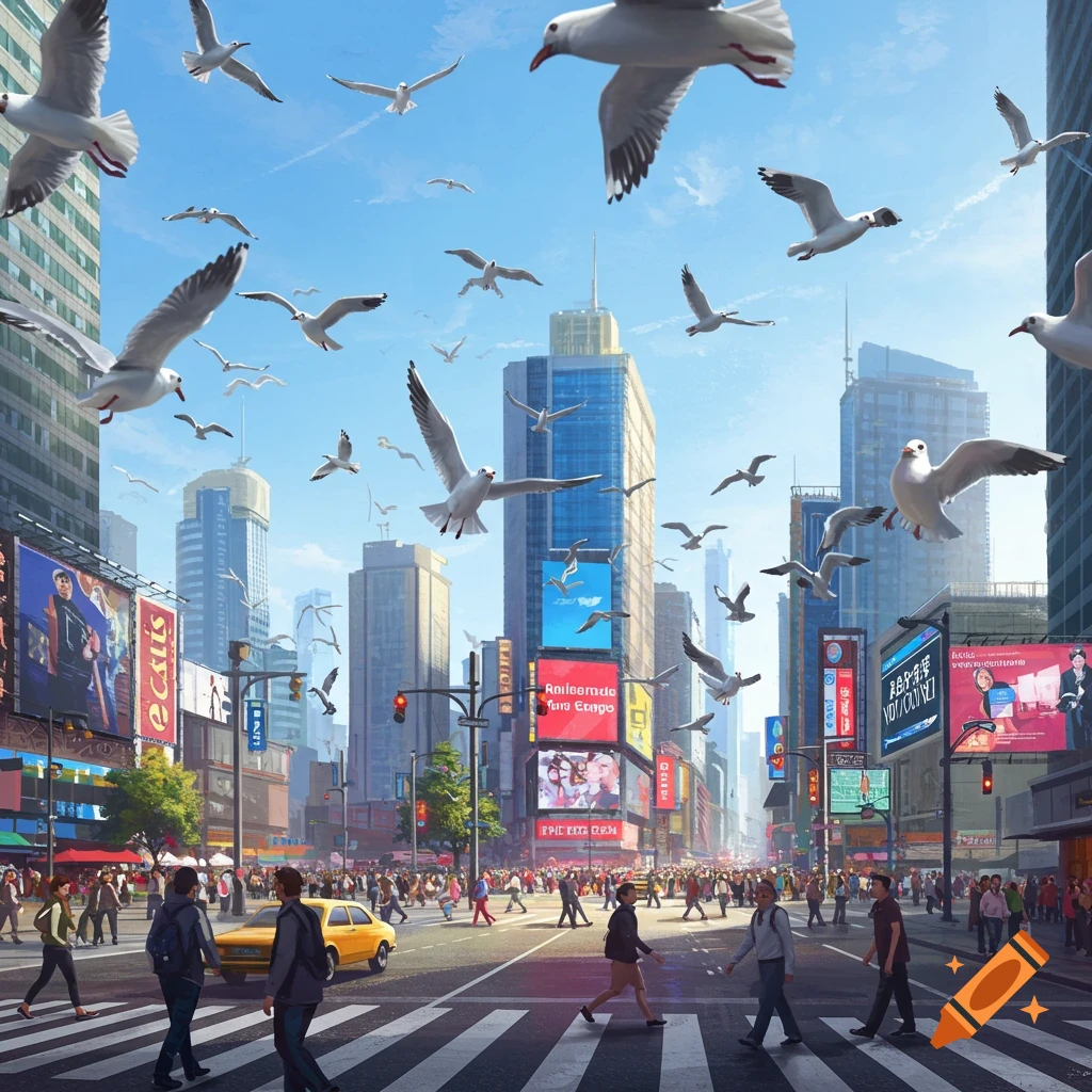 A bustling city street scene with numerous people crossing a crosswalk, yellow taxi on the street, and many seagulls flying overhead. Tall skyscrapers and bright billboards line the street under a clear blue sky.