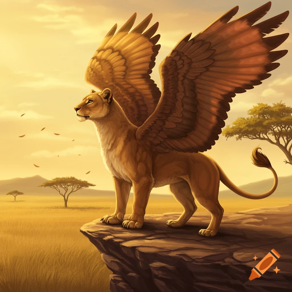 A majestic lioness griffin stands on a rocky cliff, wings spread, overlooking a golden savanna landscape at sunset.
