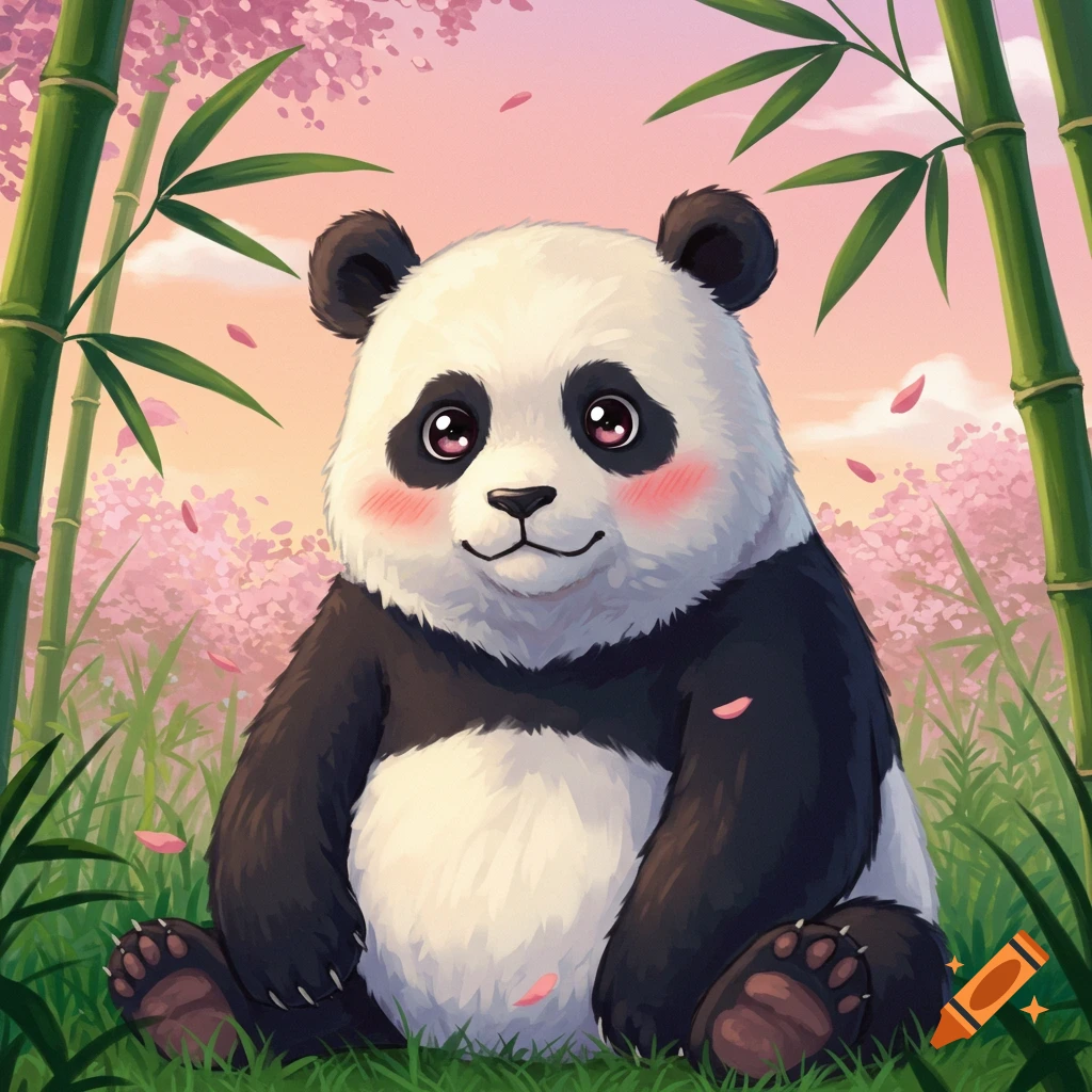 A cute anime panda with blush marks sitting in a field of grass with bamboo and pink cherry blossoms.