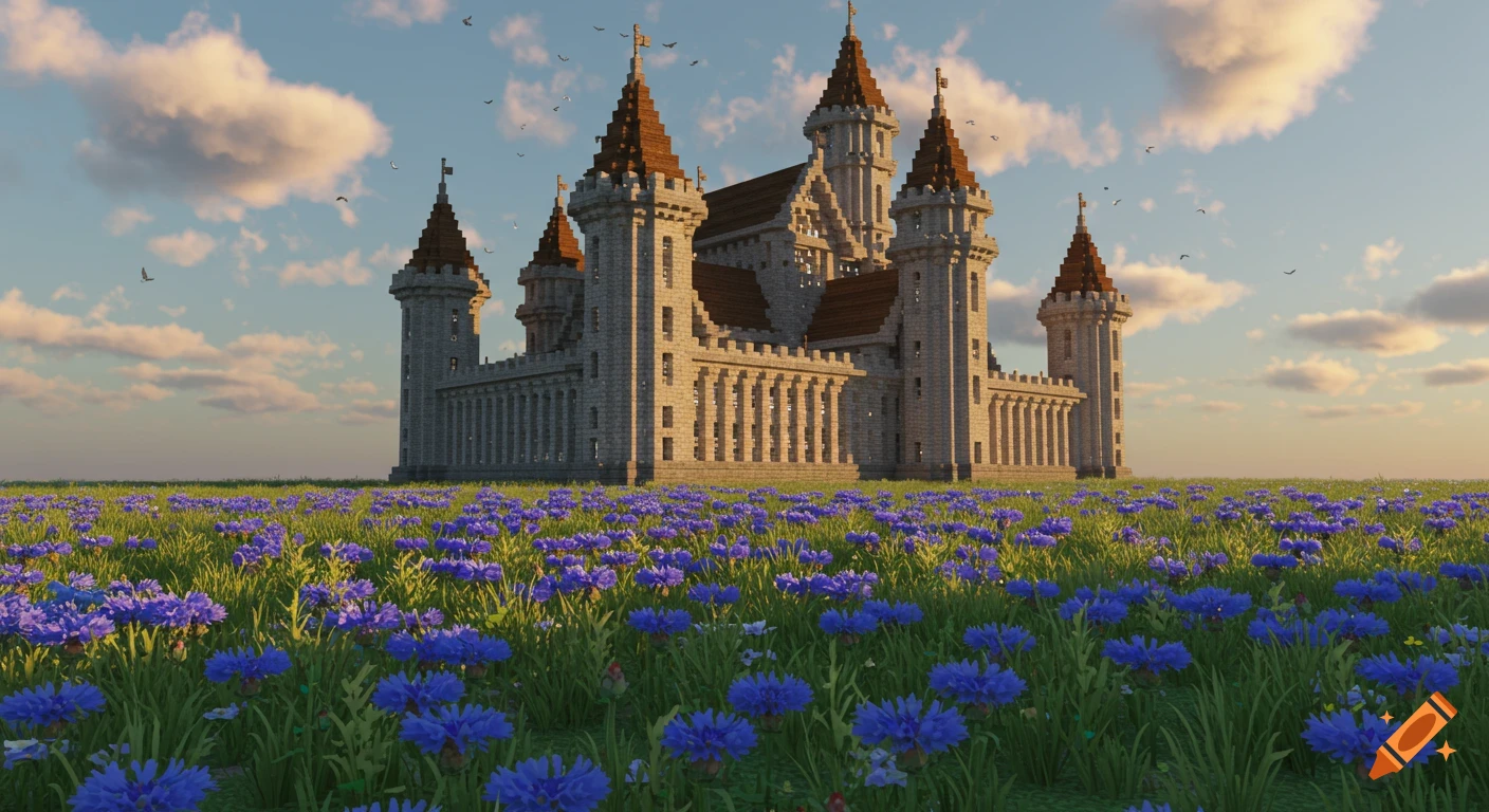 A detailed Minecraft-style castle stands tall in a vibrant field of blue cornflowers under a serene sunset sky.