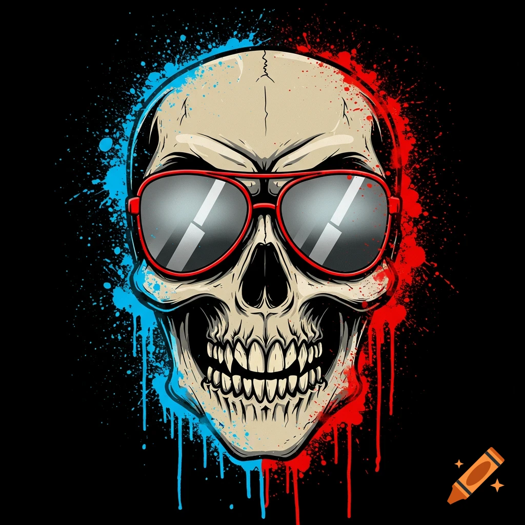 A stylized, aggressive skull wearing red sunglasses, featuring blue and red paint splatters and drips on a black background.