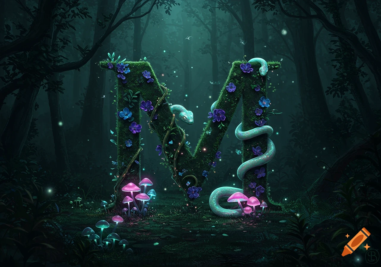 A mossy letter 'M' with flowers, vines, and light blue snakes, glowing with pink and teal mushrooms in a dark, magical forest.