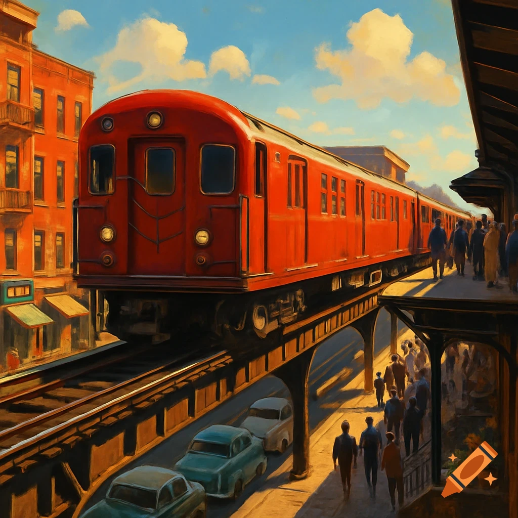 Red elevated subway train in a bustling city, with people on the station platform and street below, in a painterly style.