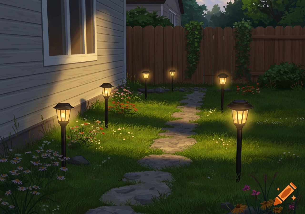 An illustrative backyard garden scene at dusk. Solar pathway lights illuminate a stone path through grass, flowers, a house, and a wooden fence.