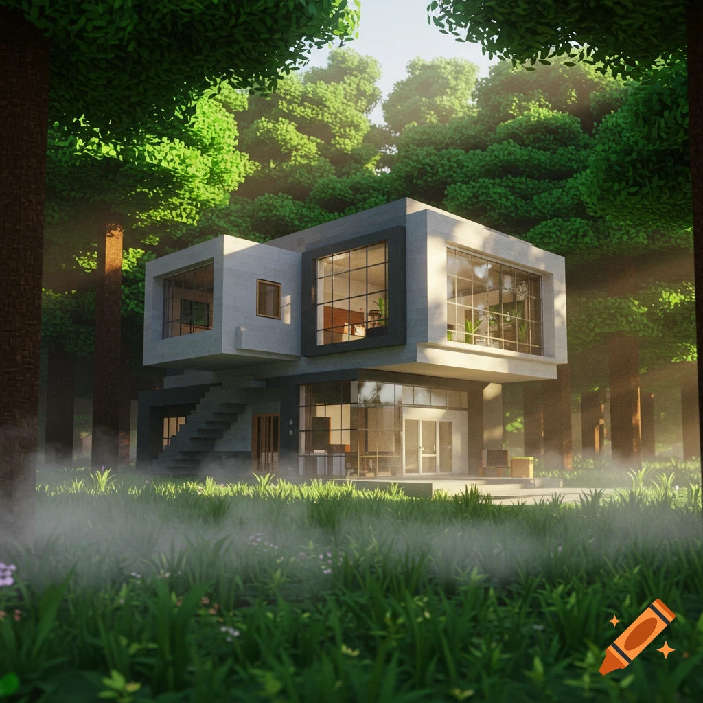 A blocky, modern house with large windows sits in a misty forest, rendered in a detailed voxel art style.