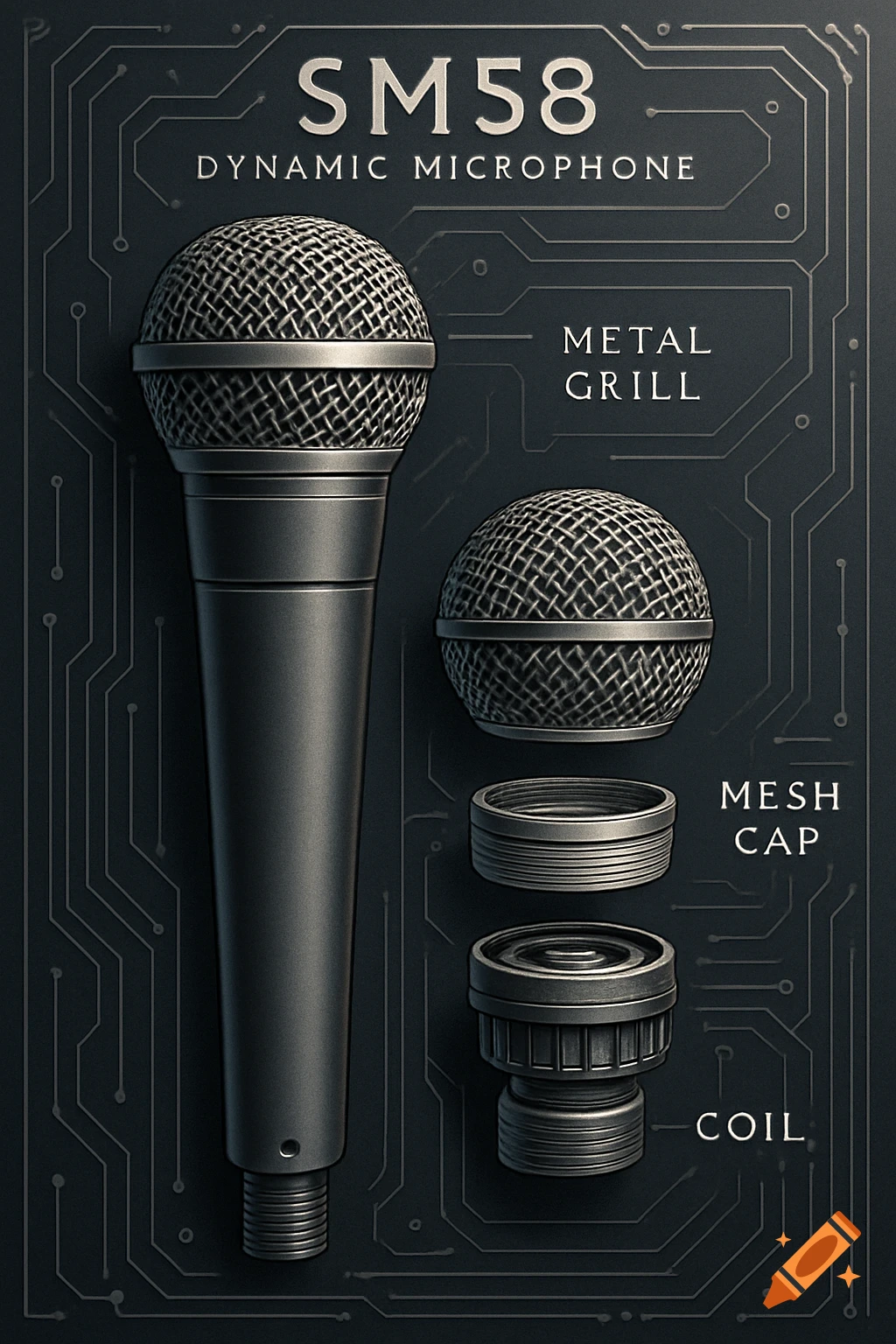 Detailed graphic showing the components of an SM58 dynamic microphone, including the metal grill, mesh cap, and coil.